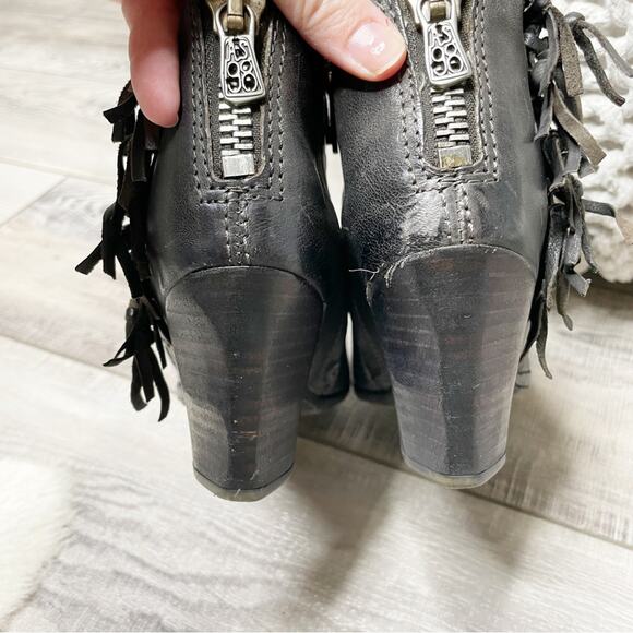 A.S. 98 Boho Leather Fringe Pointed Toe Block Heel Ankle Booties Black Size 37 - Picture 8 of 10